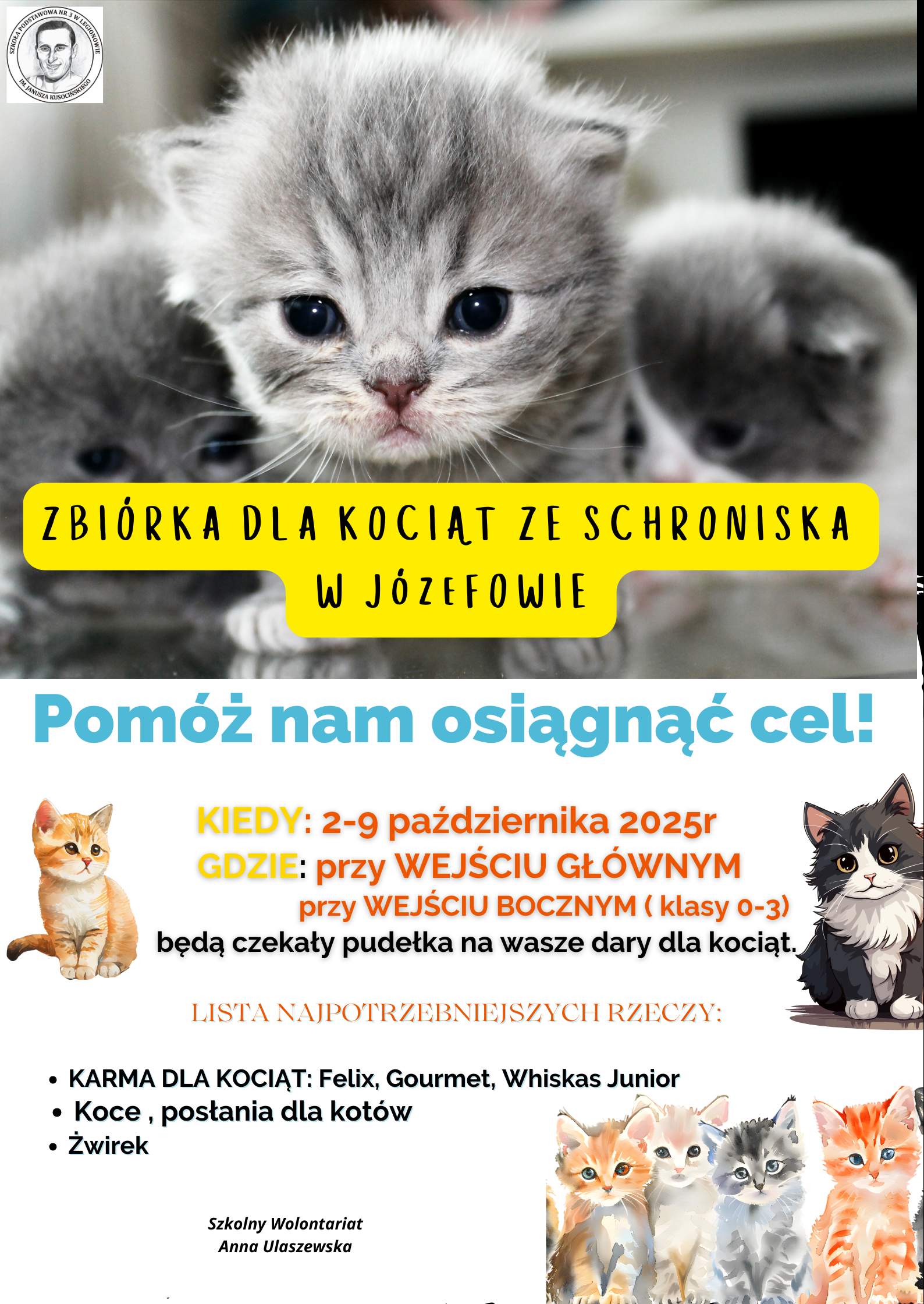Więcej o: ZBIÓRKA DLA KOCIĄT ZE SCHRONISKA W JÓZEFOWIE