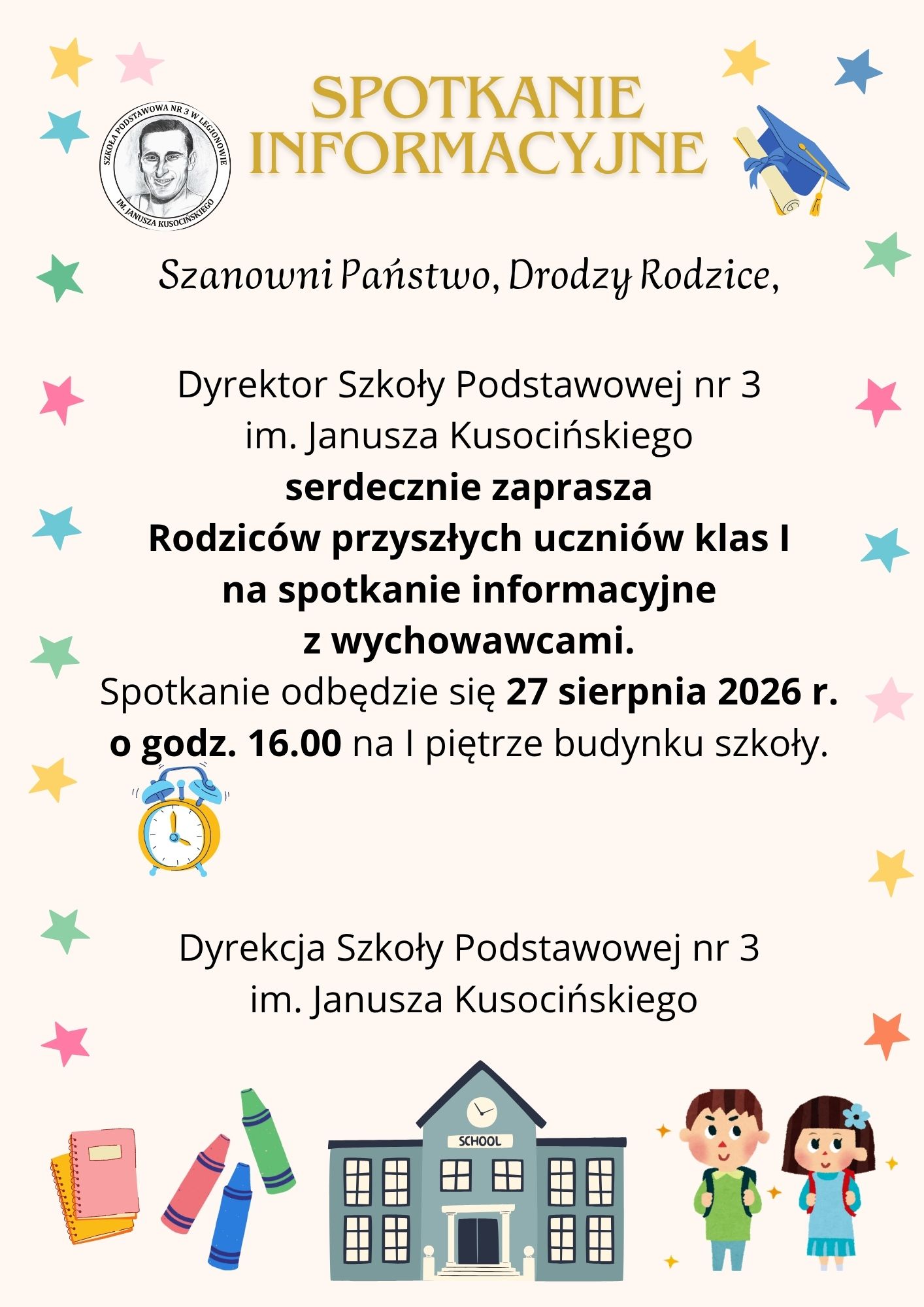 Więcej o: Spotkanie informacyjne dla rodziców przyszłych uczniów klas I w roku szkolnym 2026/2027