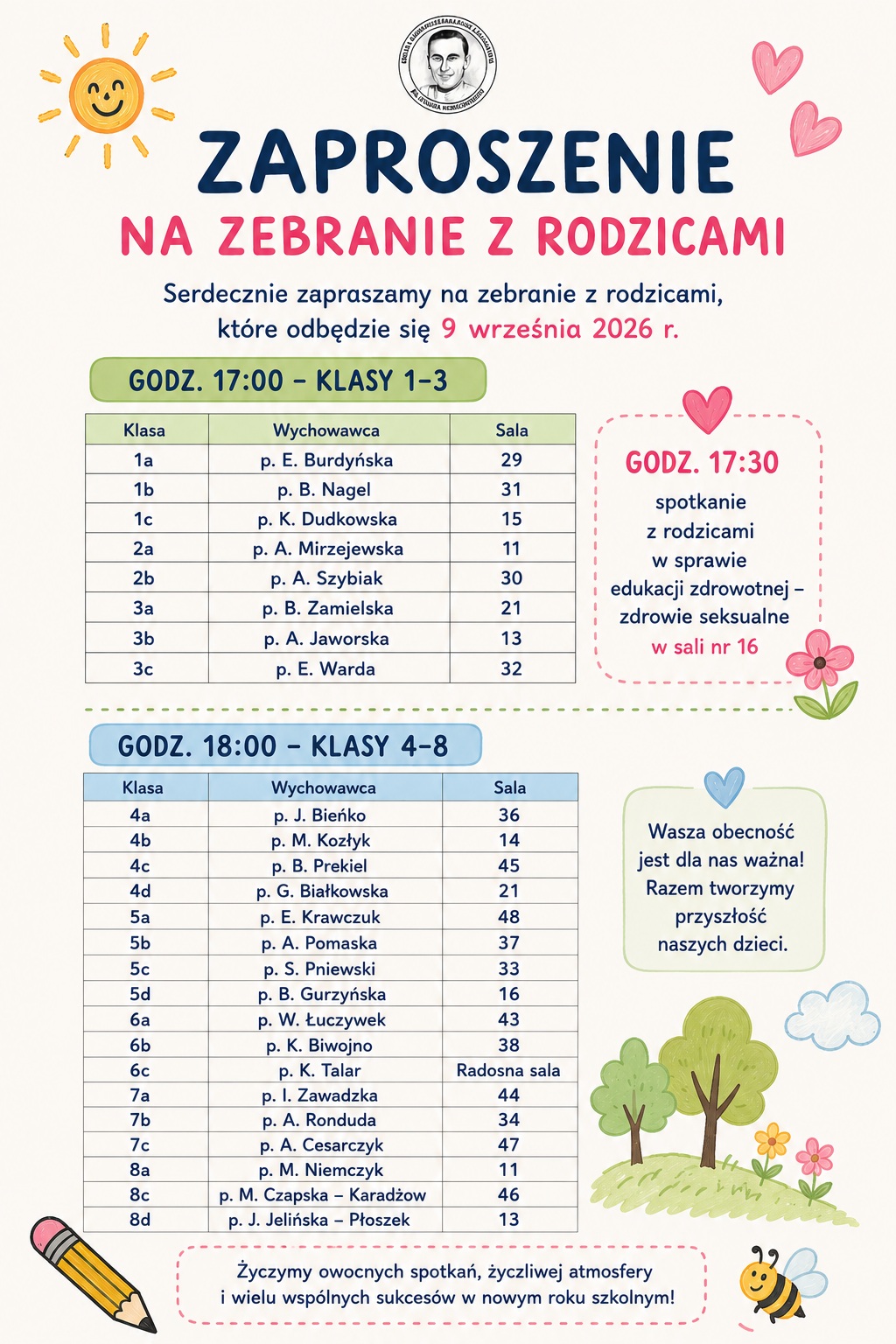 Więcej o: Harmonogram spotkań z Rodzicami w dniu 9.09.2026 r.